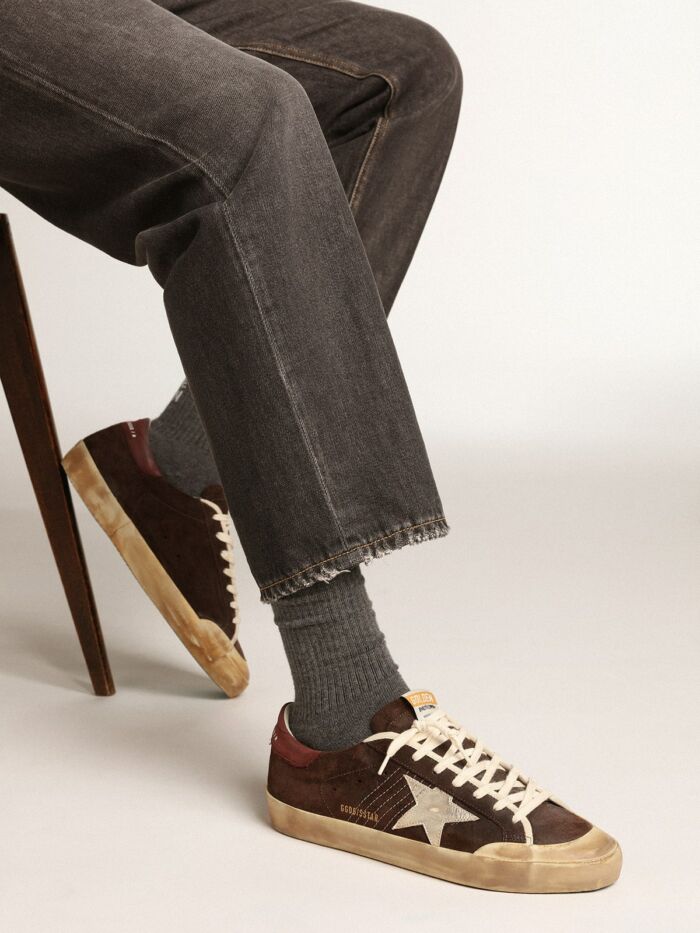 GOLDEN GOOSE Super-Star Penstar Sneakers in Brown Waxed Suede Upper With Platinum Laminated Star - immagine 3